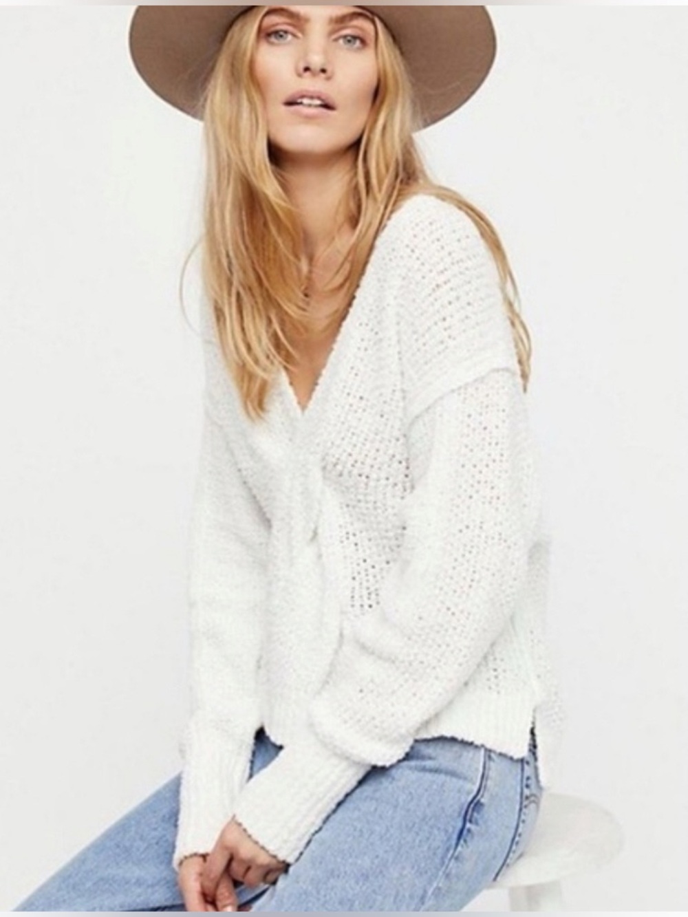 Free People White Coco V-Neck Twist Front Sweater